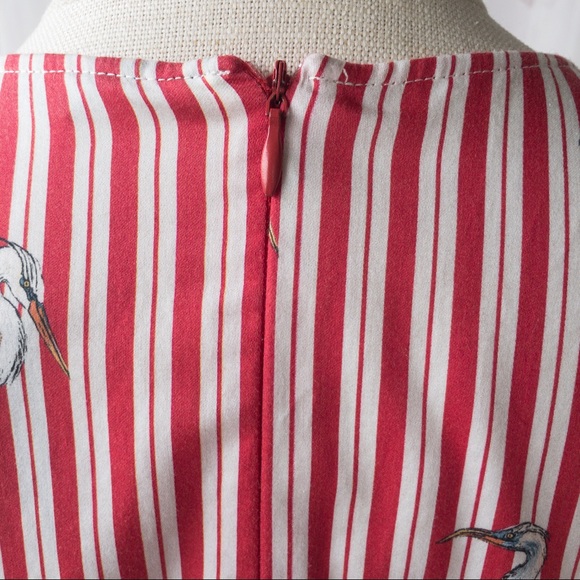 Zara Womens Red Vertical Striped Heron Bird Print Bow with Long Sleeve Blouse XS - Picture 7 of 12